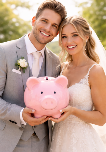 bruidspaar met spaarvarken